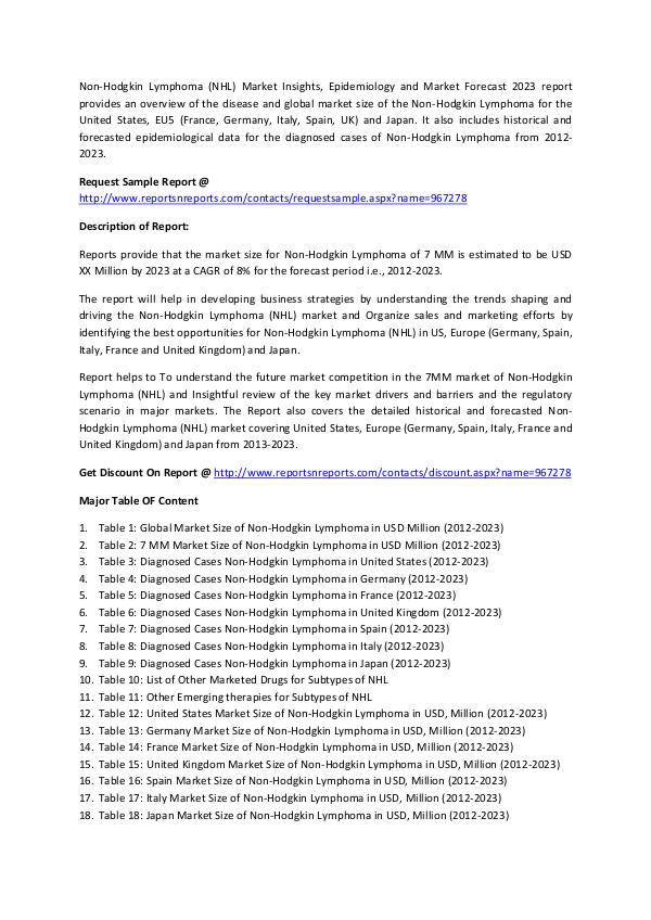 Non-Hodgkin Lymphoma (NHL) Market - Epidemiology Forecast 2023 Non-Hodgkin Lymphoma (NHL) Market Insights, Epidem