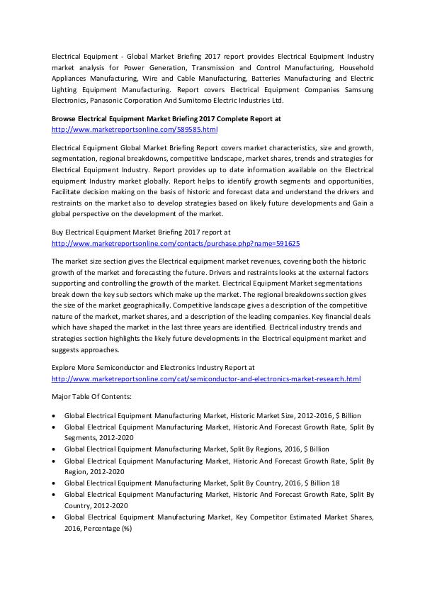 Electrical Equipment Manufacturing Industry -  Market Outlook To 2020 Report 2017 electrical equipment manufacturing