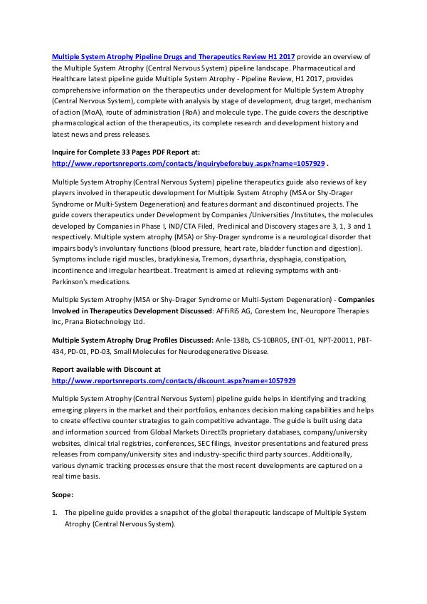 Multiple System Atrophy Pipeline Therapeutics Assessment 2017 Multiple System Atrophy Pipeline Drugs and Therape