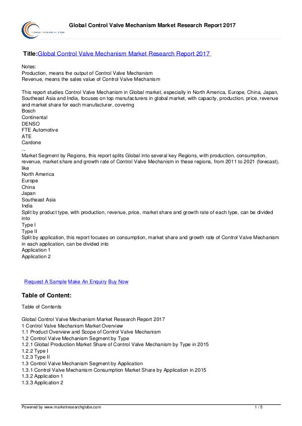 Global Control Valve Mechanism Market 2017