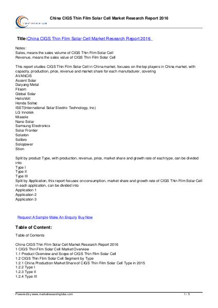 China CIGS Thin Film Solar Cell Market 2016
