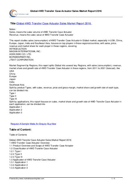 Global 4WD Transfer Case Actuator Market 2016