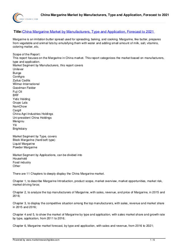 Research Report Covers China Margarine Market 2021