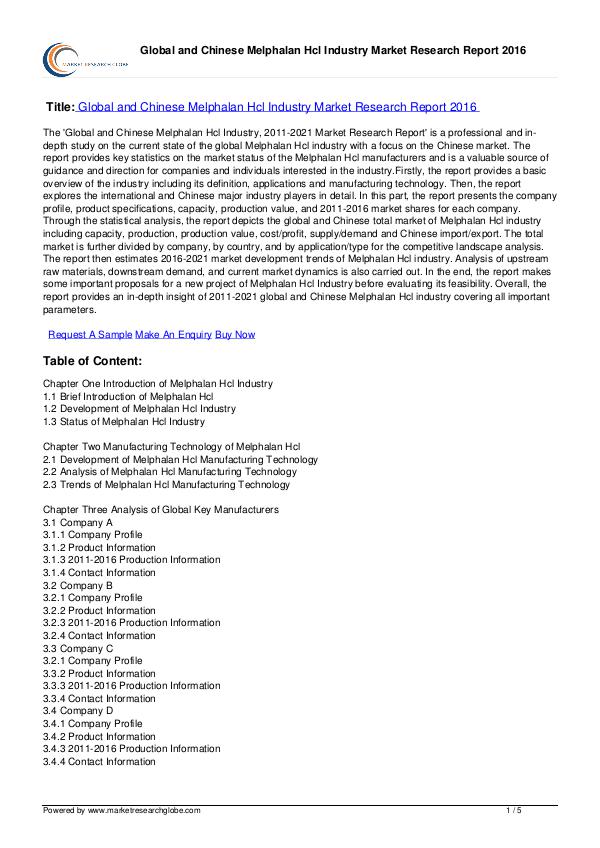 Melphalan Hcl Industry Market Report 2016