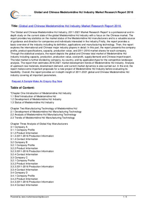 Medetomidine Hcl Industry Market Report 2016