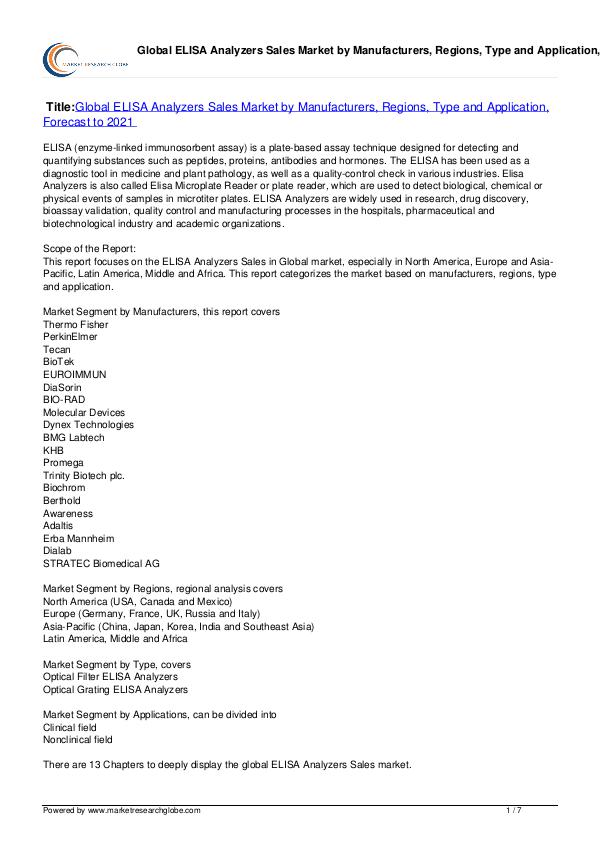Global ELISA Analyzers Market Forecast to 2021