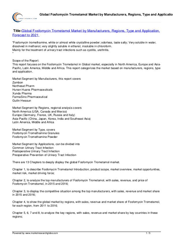 Fosfomycin Trometamol Market Forecast to 2021