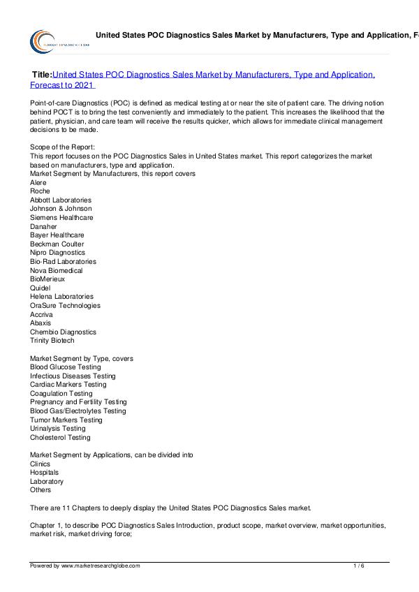 POC Diagnostics Sales Market Forecast to 2021