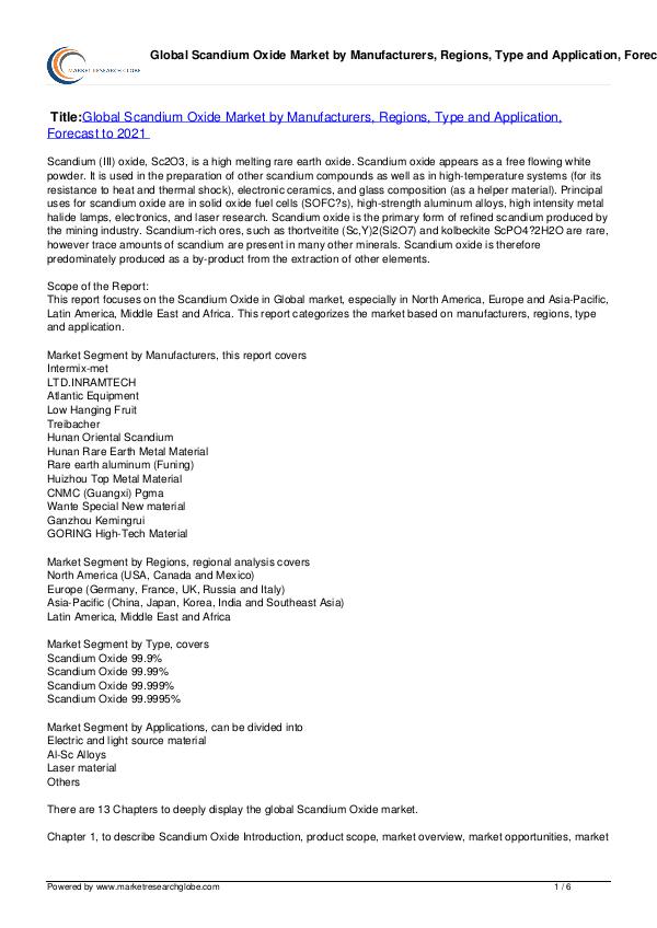 Scandium Oxide Market Forecast to 2021