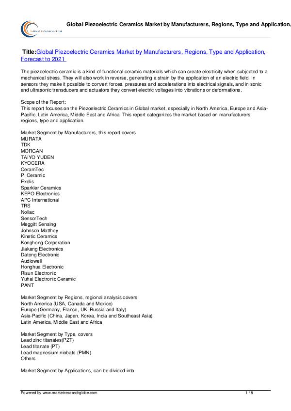 Piezoelectric Ceramics Market Forecast to 2021