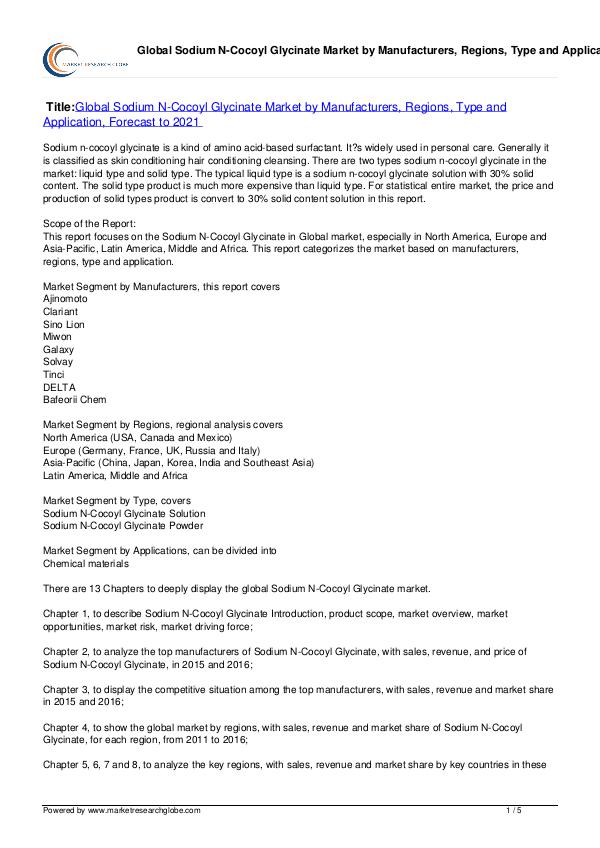 Sodium N-Cocoyl Glycinate Market Forecast to 2021