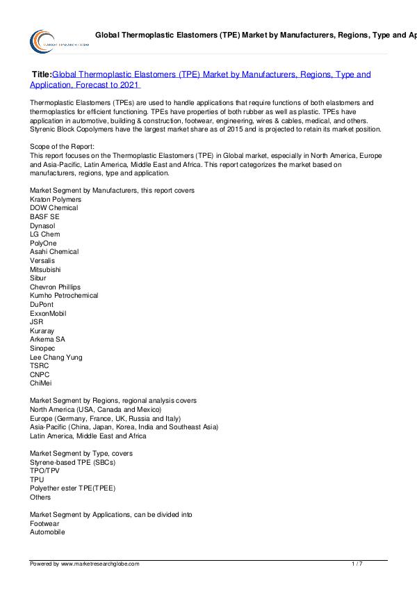 Thermoplastic Elastomers Market Forecast 2021