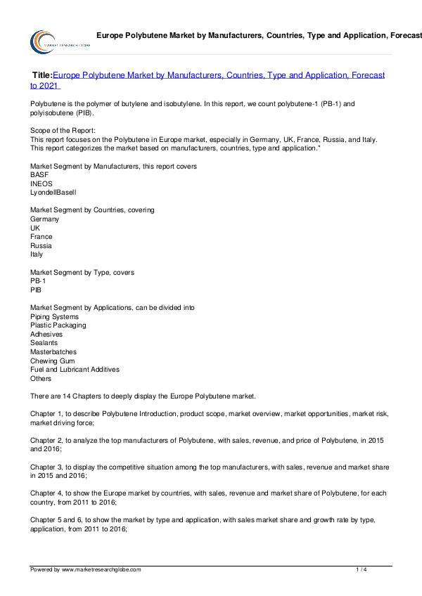 Europe Polybutene Market Forecast to 2021