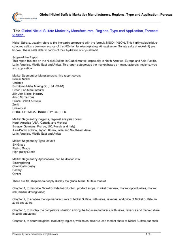 Nickel Sulfate Market Forecast to 2021