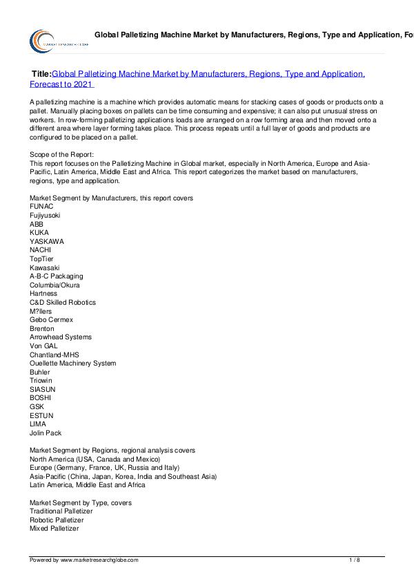 Palletizing Machine Market Forecast to 2021