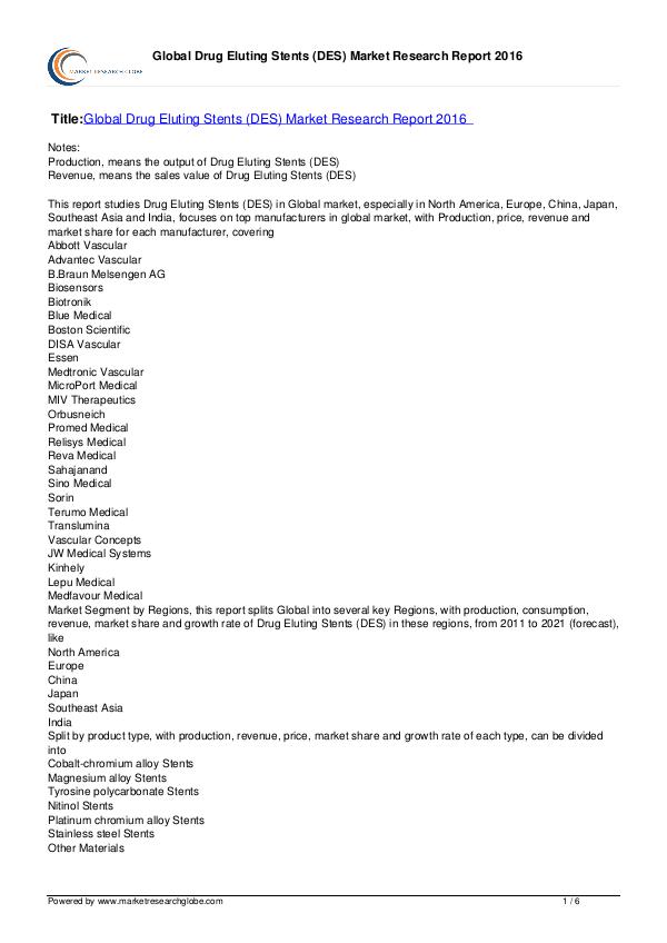 Drug Eluting Stents Market Report 2016