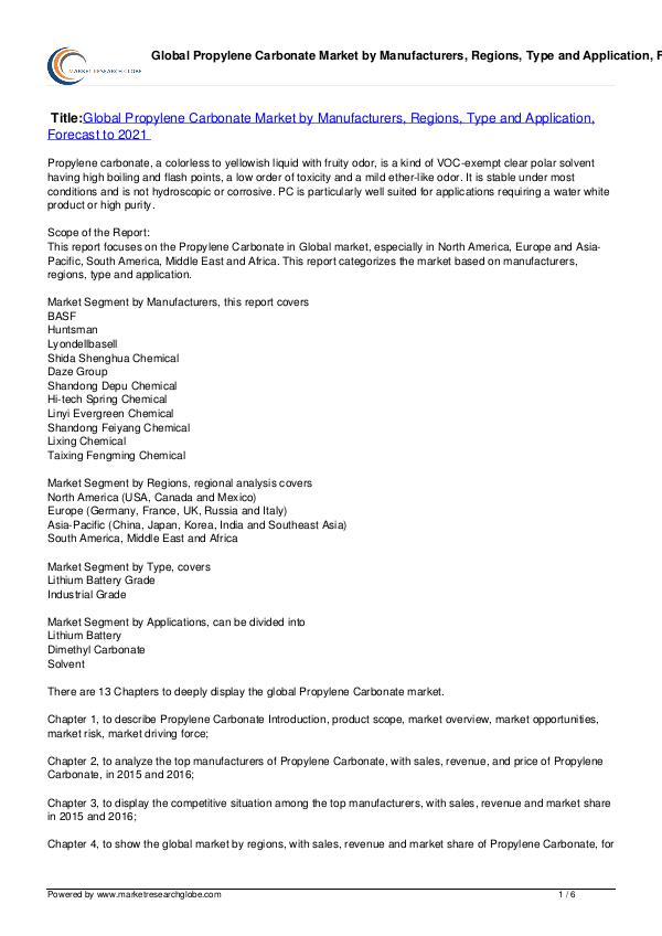Propylene Carbonate Market Forecast to 2021