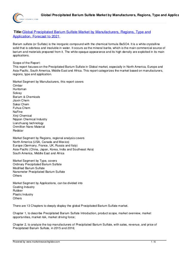 Precipitated Barium Sulfate Market Forecast 2021
