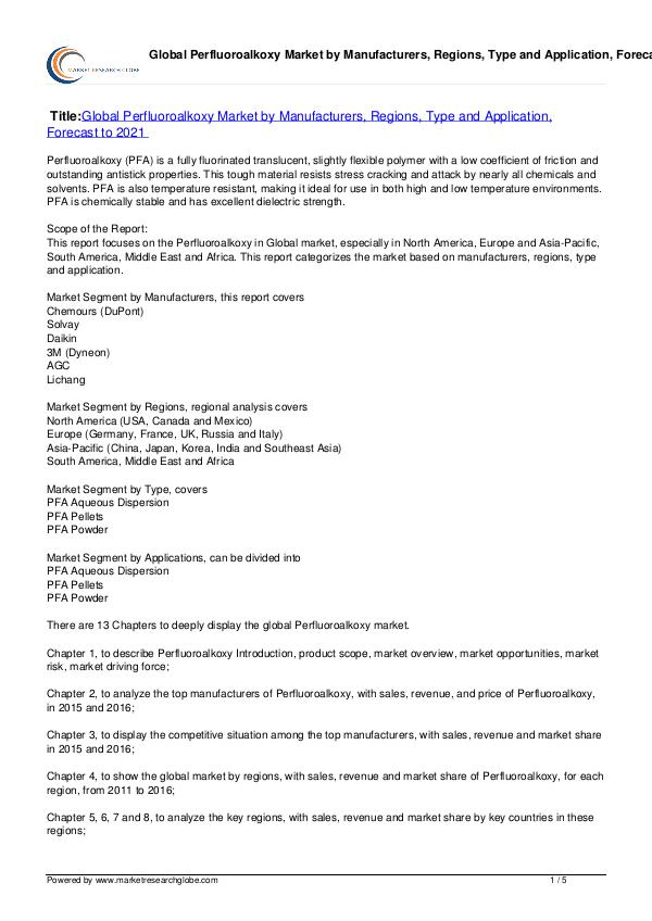 Perfluoroalkoxy Market Forecast to 2021