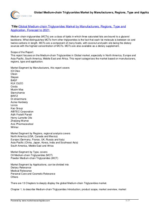 Medium-chain Triglycerides Market Forecast to 2021