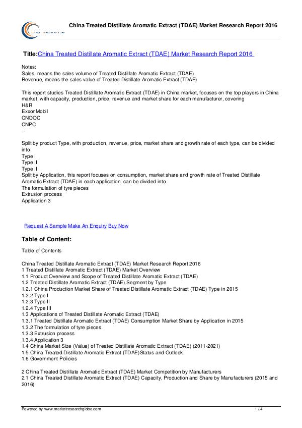 Treated Distillate Aromatic Extract Market 2016