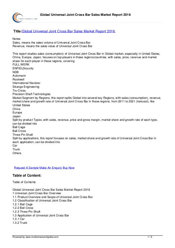 Universal Joint Cross Bar Sales Market Report 2016