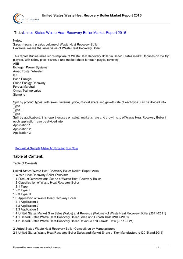 Waste Heat Recovery Boiler Market Report 2016