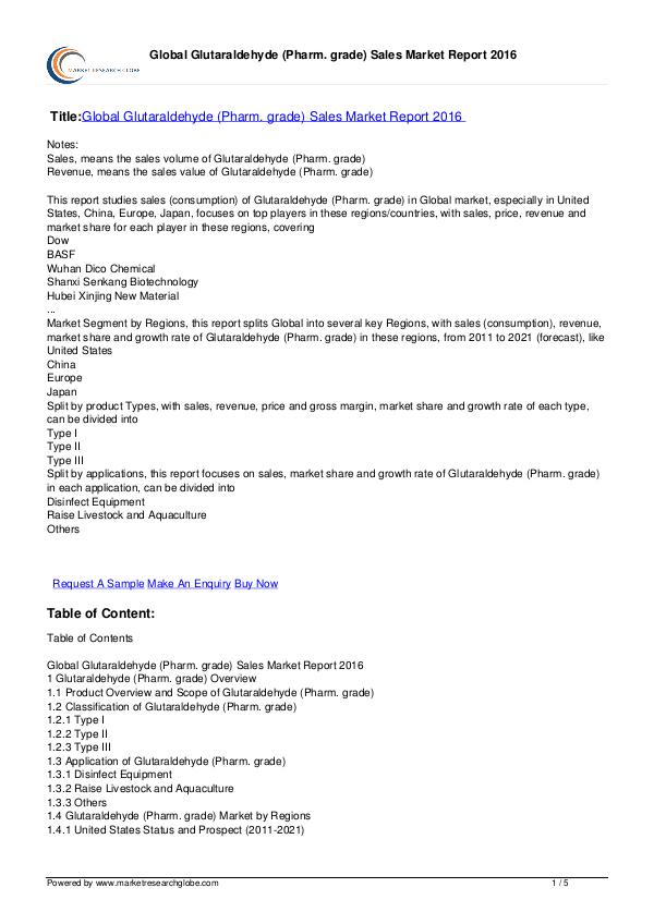 Glutaraldehyde (Pharm. grade) Market Report 2016