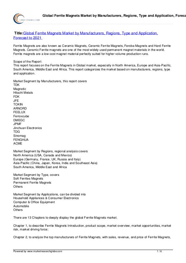 Ferrite Magnets Market Forecast to 2021