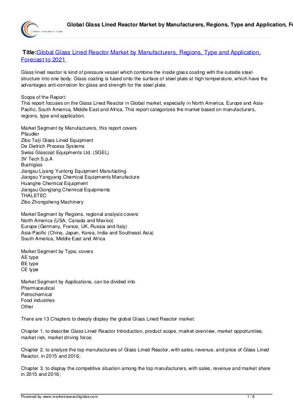 Glass Lined Reactor Market Forecast to 2021