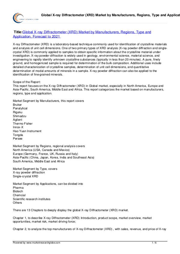 X-ray Diffractometer (XRD) Market Forecast to 2021