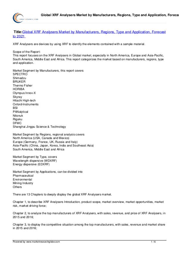 XRF Analysers Market Forecast to 2021