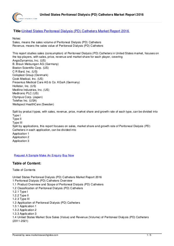 Peritoneal Dialysis (PD) Catheters Market 2016