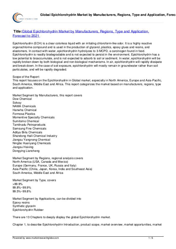 Epichlorohydrin Market Forecast to 2021