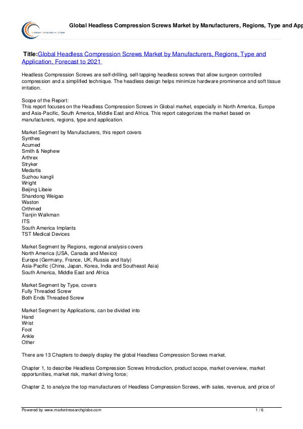 Headless Compression Screws Market Forecast 2021