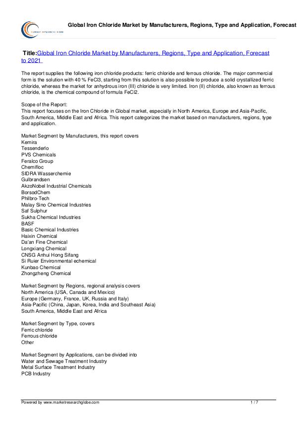 Iron Chloride Market Forecast to 2021