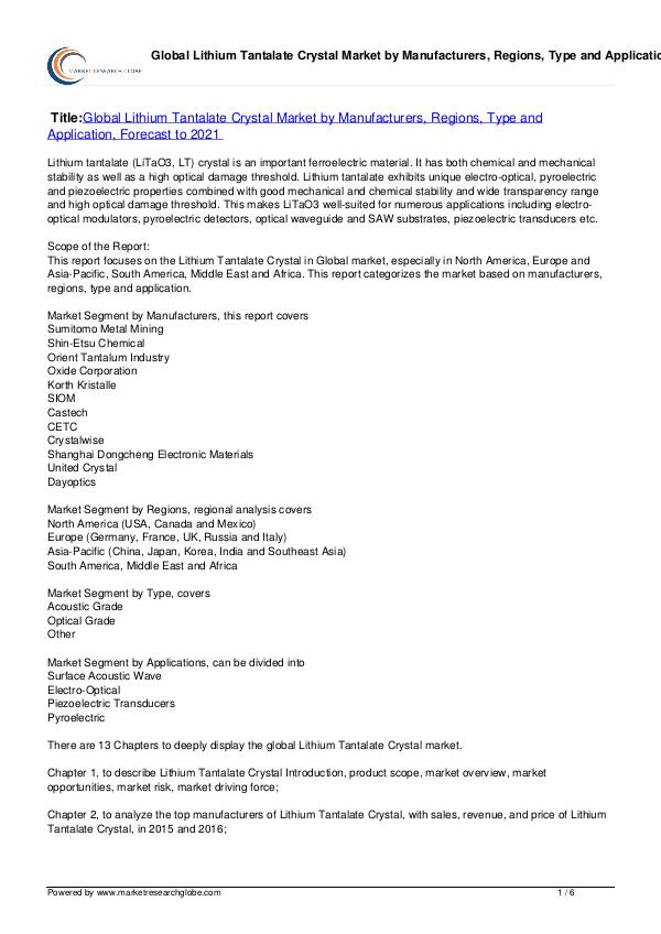 Lithium Tantalate Crystal Market Forecast to 2021