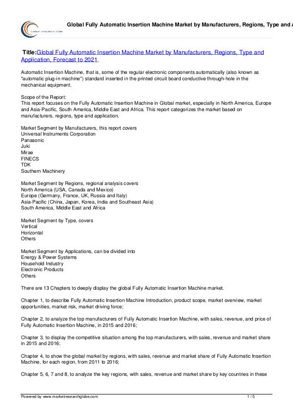Fully Automatic Insertion Machine Market to 2021