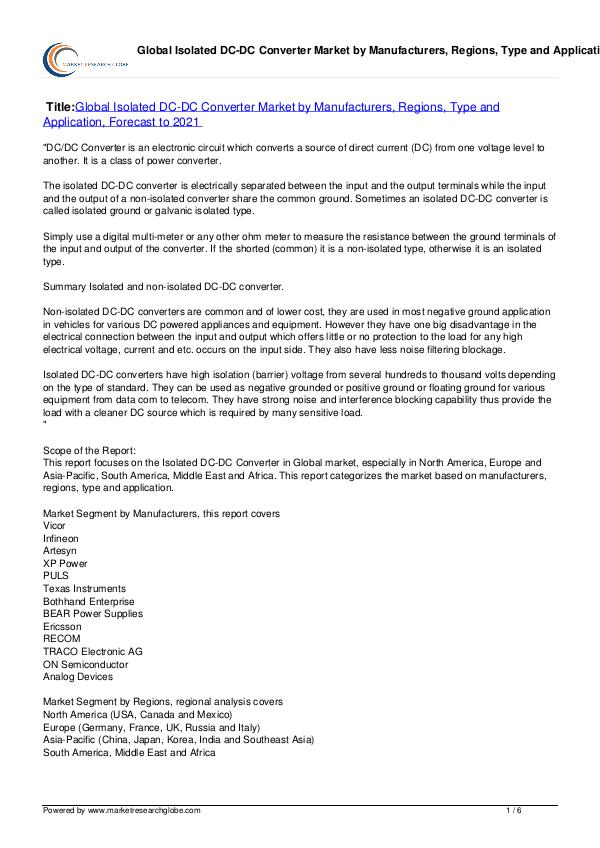 Isolated DC-DC Converter Market Forecast to 2021