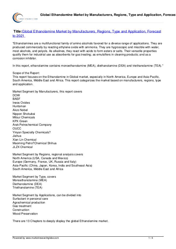 Ethanolamine Market Forecast to 2021