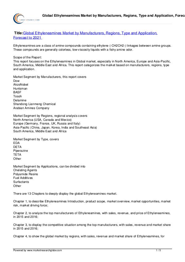 Ethyleneamines Market Forecast to 2021