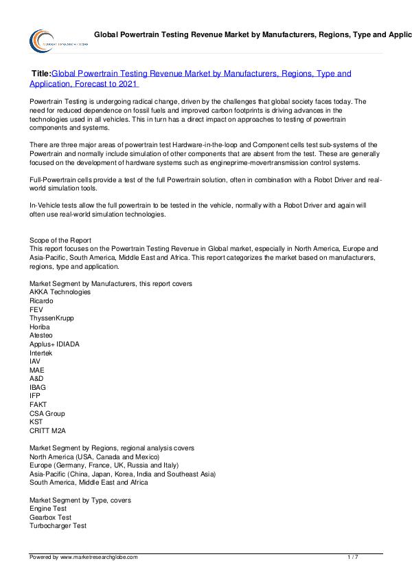 Powertrain Testing Revenue Market Forecast to 2021