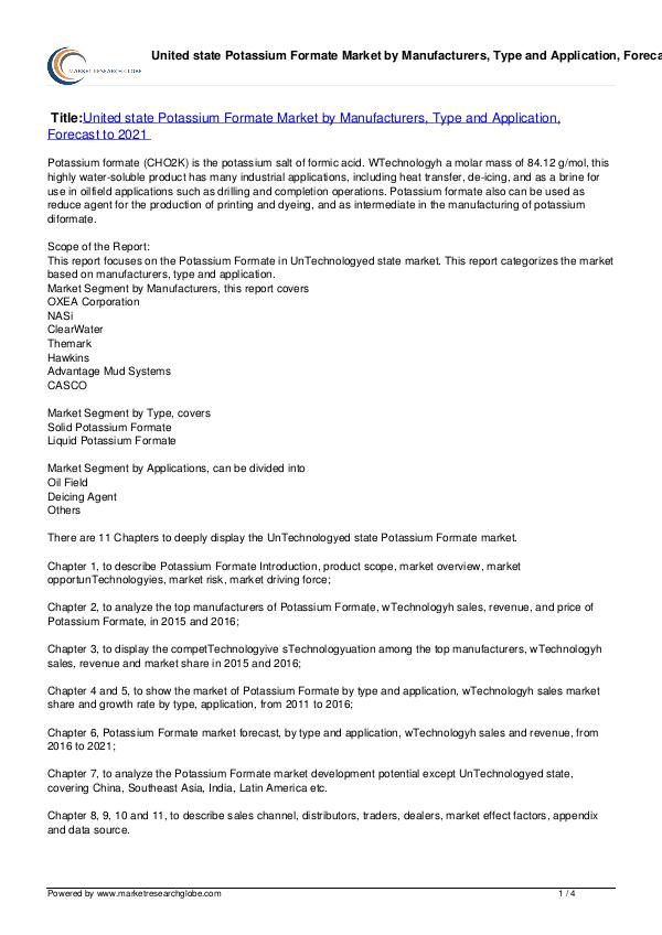 Potassium Formate Market Forecast to 2021
