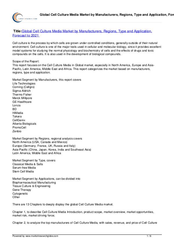 Cell Culture Media Market Forecast to 2021