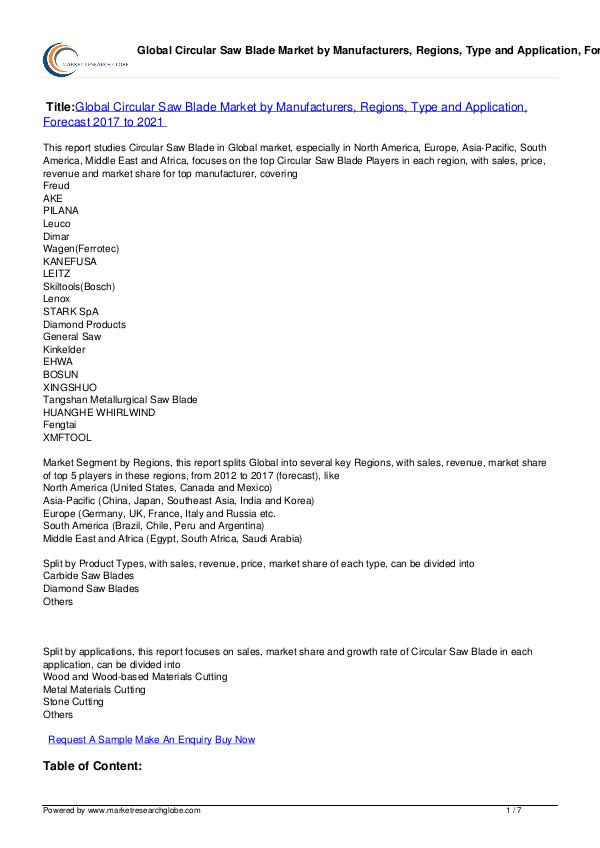 Circular Saw Blade Market Forecast 2017 to 2021