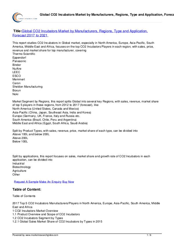 CO2 Incubators Market Forecast 2017 to 2021
