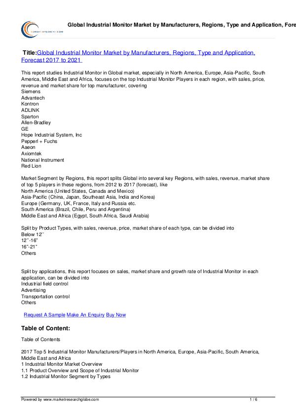 Industrial Monitor Market Forecast 2017 to 2021
