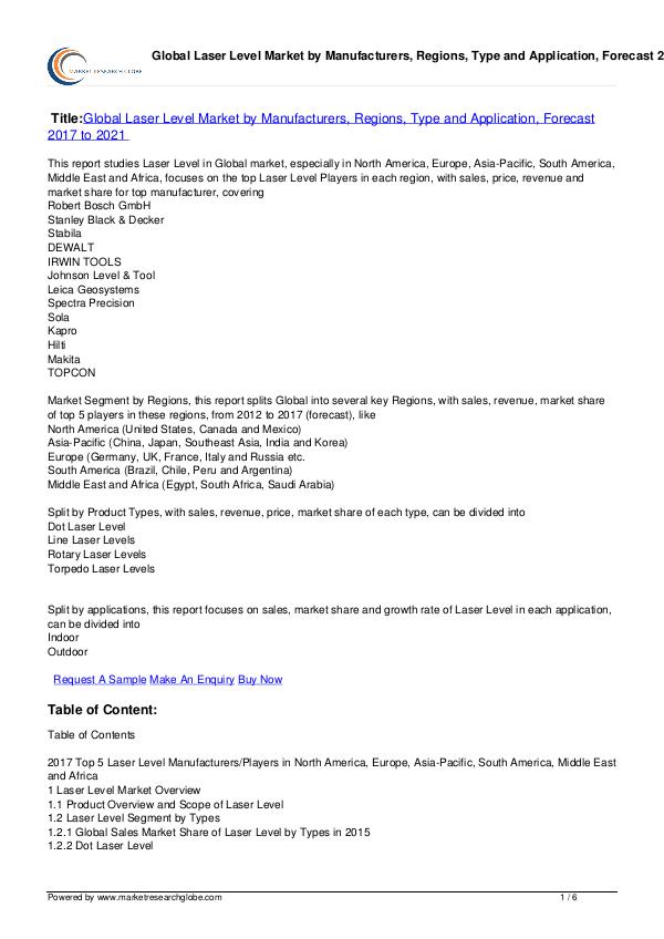 Laser Level Market Forecast 2017 to 2021