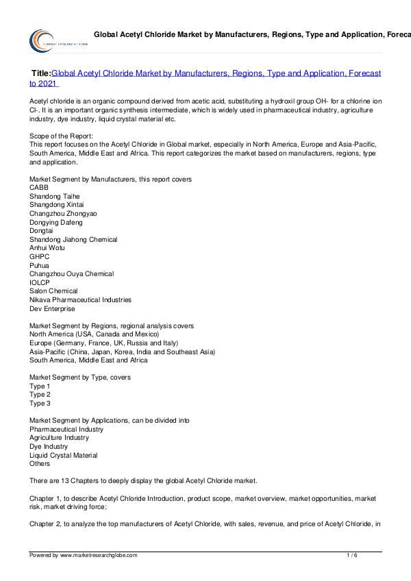 Acetyl Chloride Market Forecast to 2021