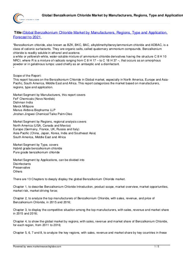 Benzalkonium Chloride Market Forecast to 2021